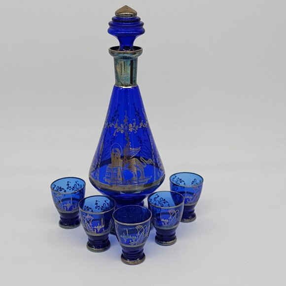 Cobalt Blue Silver Inlay Decanter Bar Set Barware PAX TIBI Angel Lion MCM Vintag - Picture 1 of 8